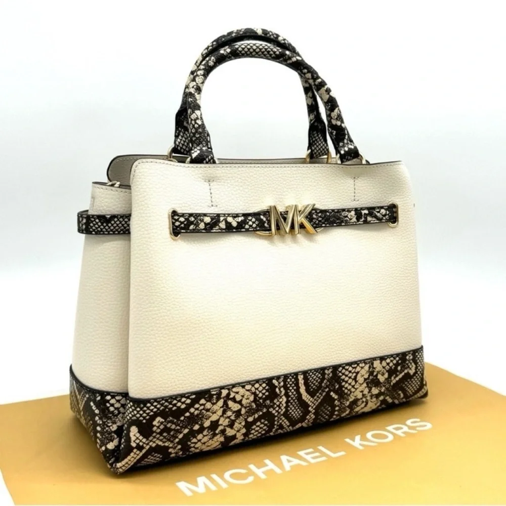 Michael Kors Reed Large Belted Satchel Crossbody Bag Light Cream Snakeskin